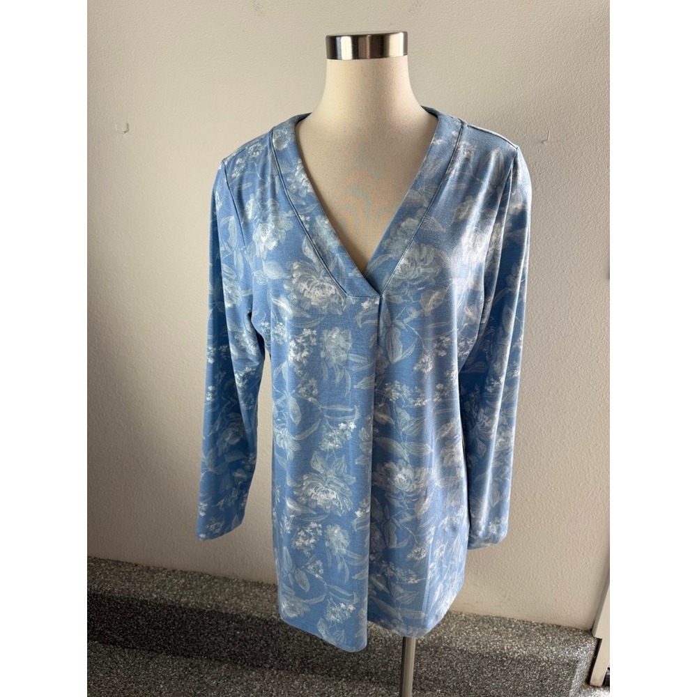 Isaac Mizrahi Live Womens Large Blue White Floral Long Sleeve Knit Tunic Top
